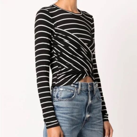 Jonathan Simkhai Womens Black White Stripe Crew Neck Long Sleeve Blouse Small - Picture 1 of 7